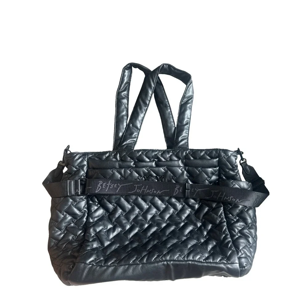 Betsey Johnson Xojaney Black Quilted Large Tote Weekender With Side Pockets